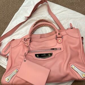 Balenciaga Pink Leather Amp Plate Classic City Bag with long strap